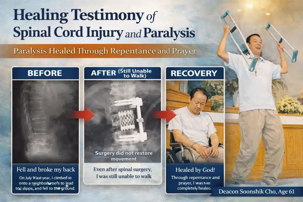 Spinal injury surgery but still unable to walk, later healed testimony