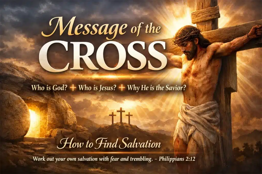 Picture shows that Jesus is hung on the Cross and Opened tamb is showing he has raised from dead.