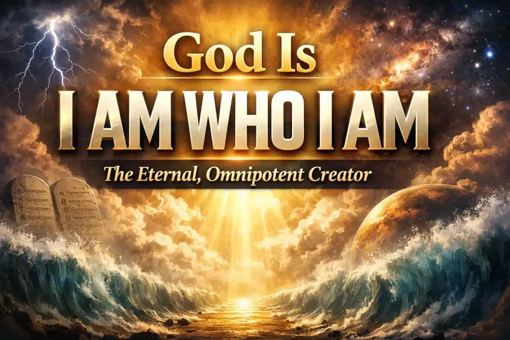 A dramatic Christian thumbnail featuring golden text “I AM WHO I AM” shining over radiant clouds, lightning, parted sea waves, stone tablets, and a glowing cosmic sky, symbolizing God as the eternal and omnipotent Creator.