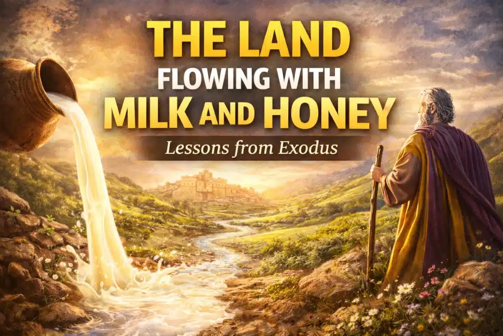 A symbolic image of a staff and a path leading toward a fertile valley, representing the biblical promise of The Land Flowing with Milk and Honey.