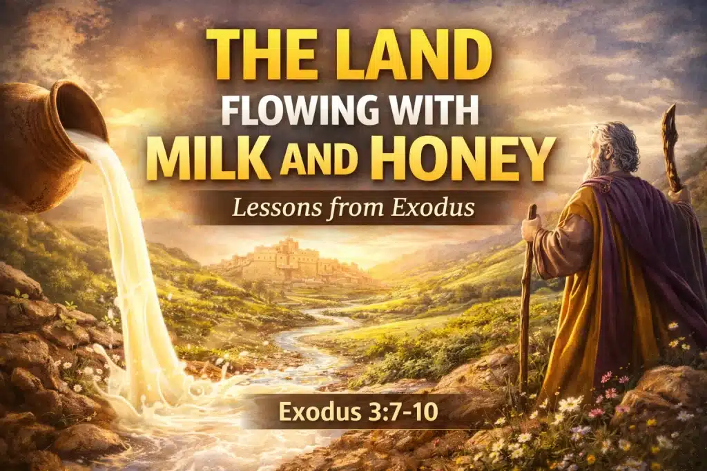 A symbolic image of a staff and a path leading toward a fertile valley, representing the biblical promise of The Land Flowing with Milk and Honey.