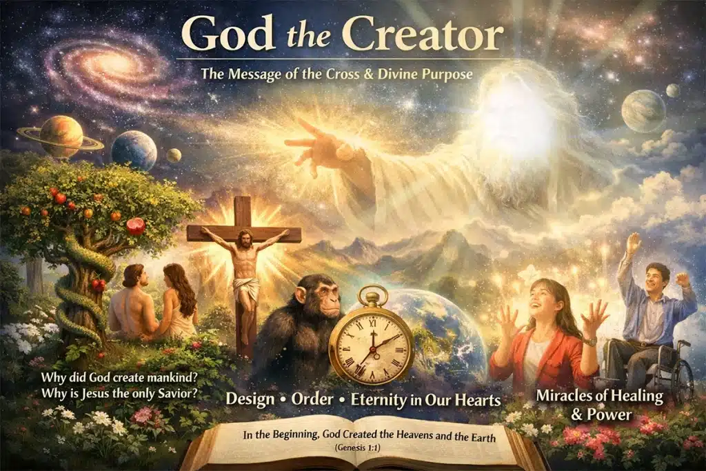 Digital illustration of God the Creator overseeing the universe, featuring the Garden of Eden, Jesus Christ, and the evolution of Earth through time and order