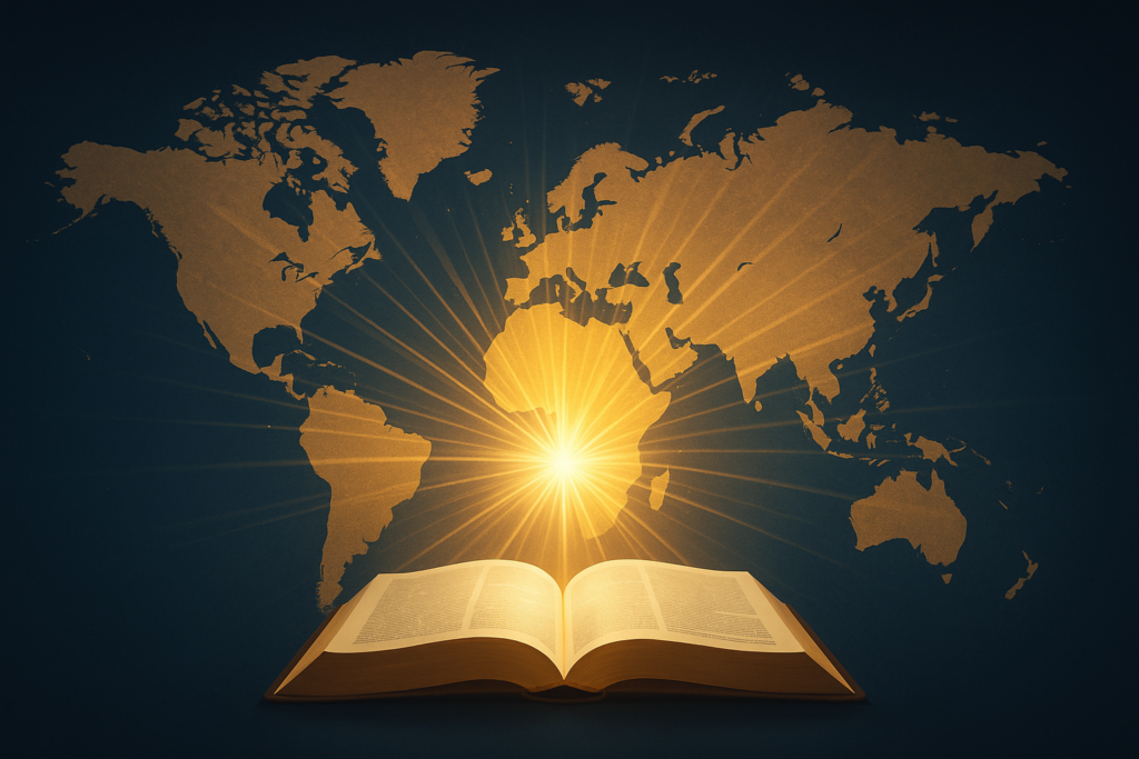 Open book with glowing world map