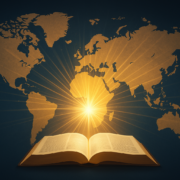 Open book with glowing world map