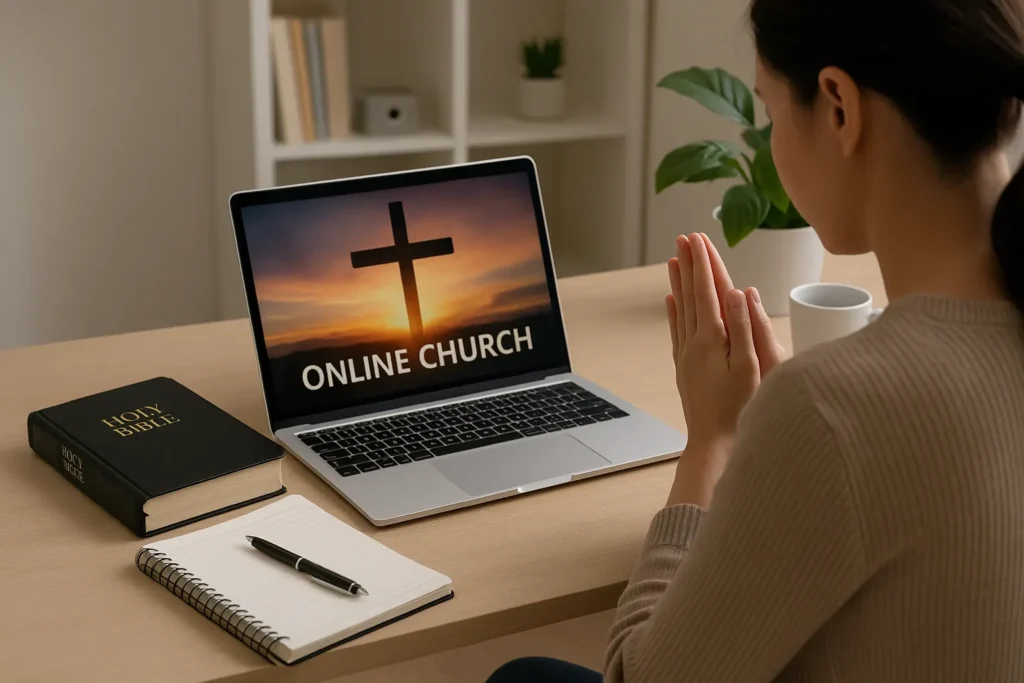 Online worship service at home with a laptop showing a cross and the words “Online Church,” with Bible and notebook on the desk.