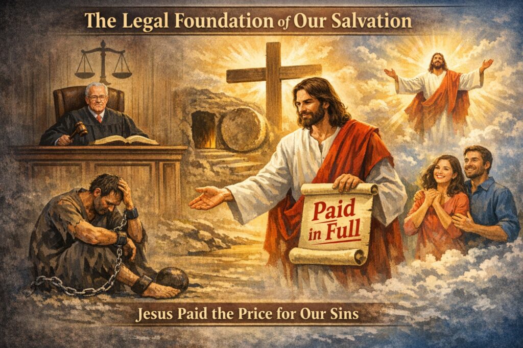 an image showing the Jesus has paid the price on the cross and shows a letter that form the legal basis of salvation.