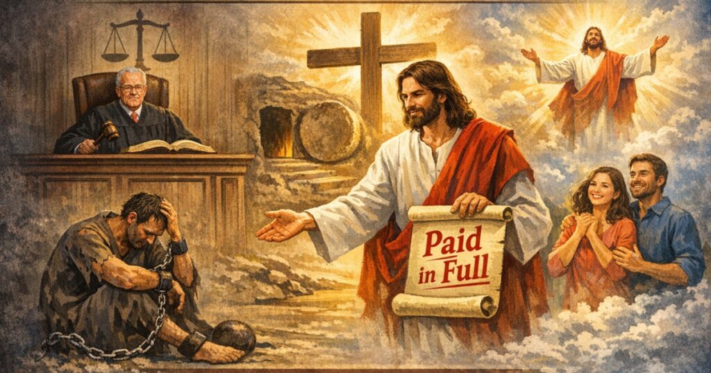 Religious scene of redemption and justice.