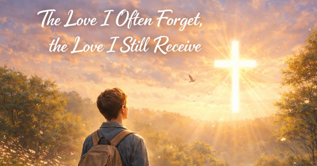 A Christian devotional image showing a person looking toward a radiant cross in the sky, symbolizing God’s unconditional love that we often forget but still receive.