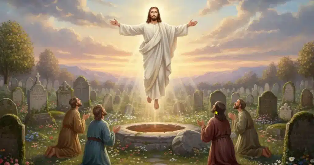 Jesus Christ rising from an open tomb in a cemetery, proving His victory over death and differences from other leaders.