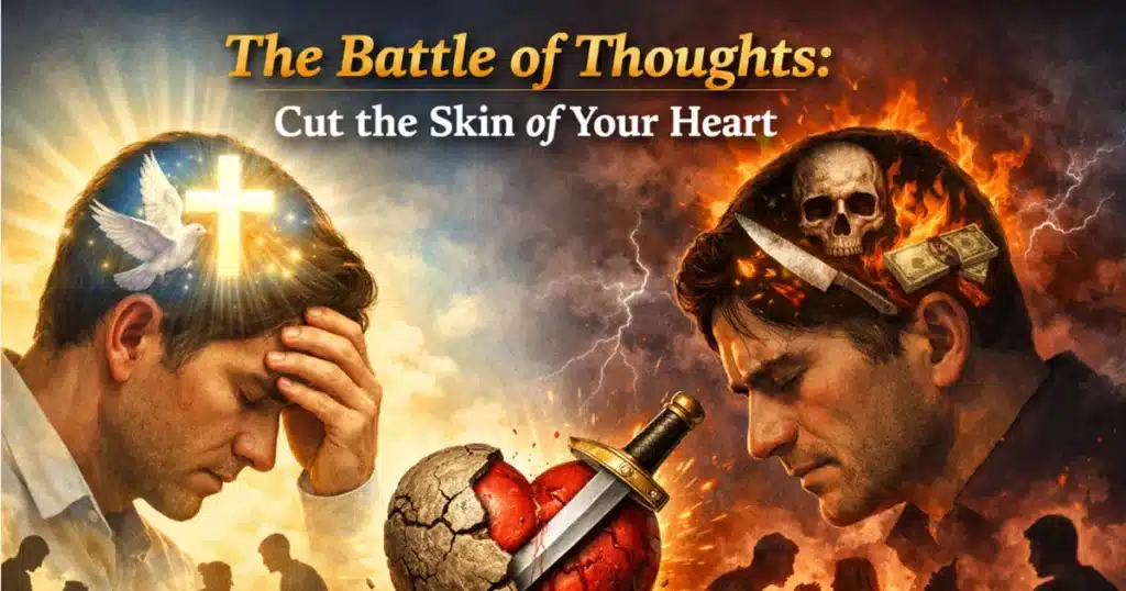 A Christian illustration showing a man in prayer facing darkness, with a cross, dove, cracked heart, and symbols of sinful thoughts, representing the spiritual battle of the mind and inner repentance.