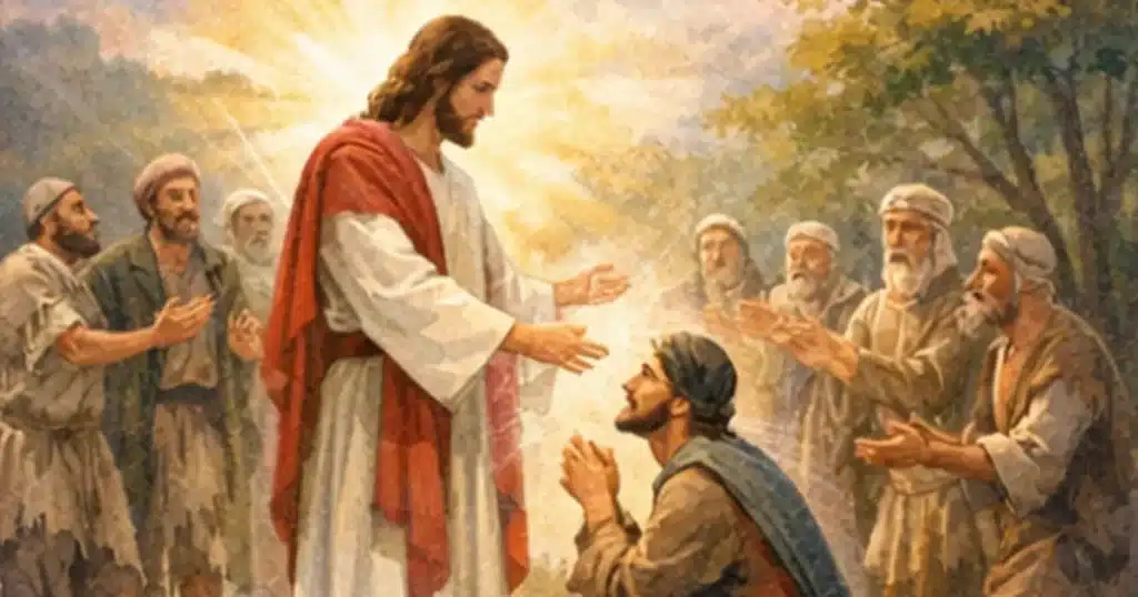 Christian illustration showing Jesus healing the ten lepers, one returning in gratitude, symbolizing remembering God’s grace and living the Kingdom of God after receiving healing and miracles