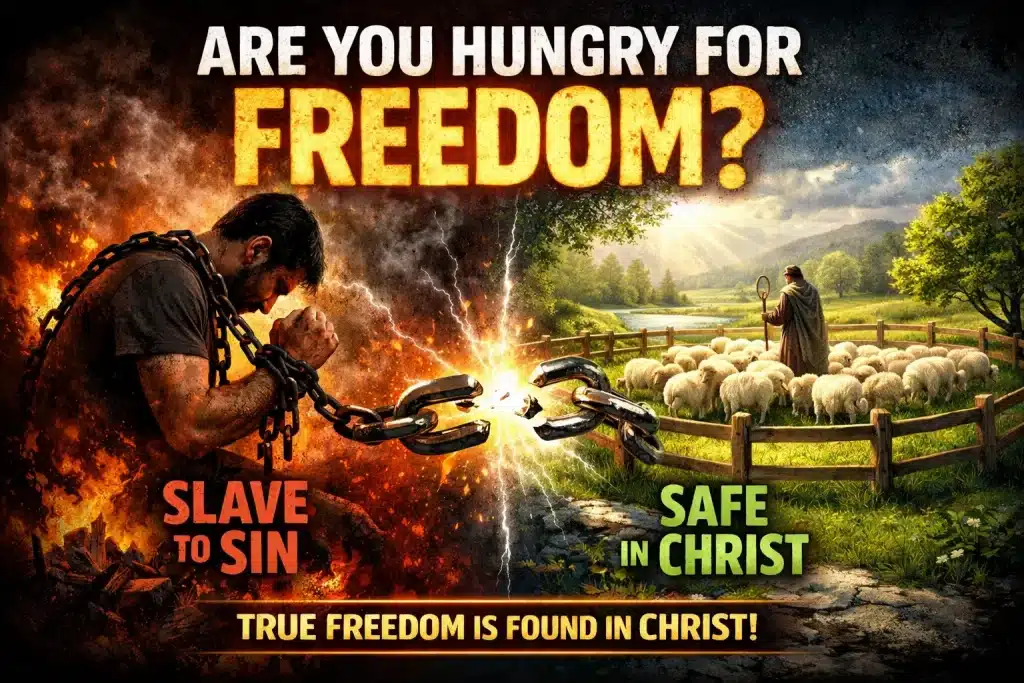 Christian-themed thumbnail showing a man in chains on one side labeled “Slave to Sin” and a peaceful shepherd with sheep inside a fence on the other side labeled “Safe in Christ,” with broken chains in the center and the text “Are You Hungry for Freedom?”