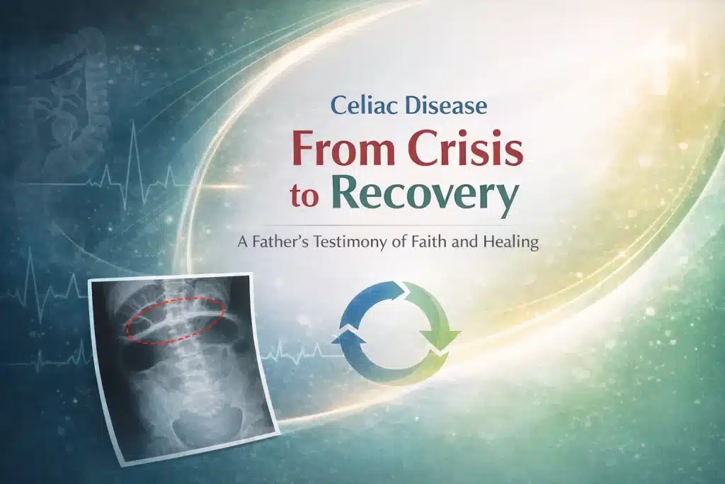 Celiac Disease recovery graphic showing transition from medical crisis to healing with ECG background and light symbol.