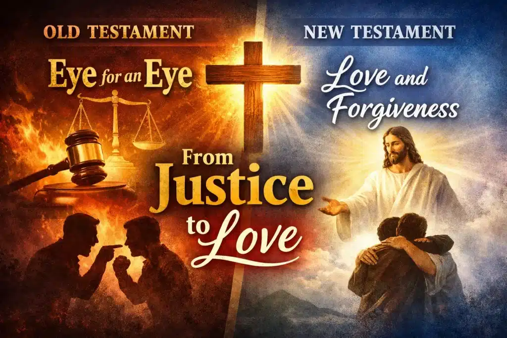 Christian thumbnail showing justice versus love with cross and Jesus teaching forgiveness
