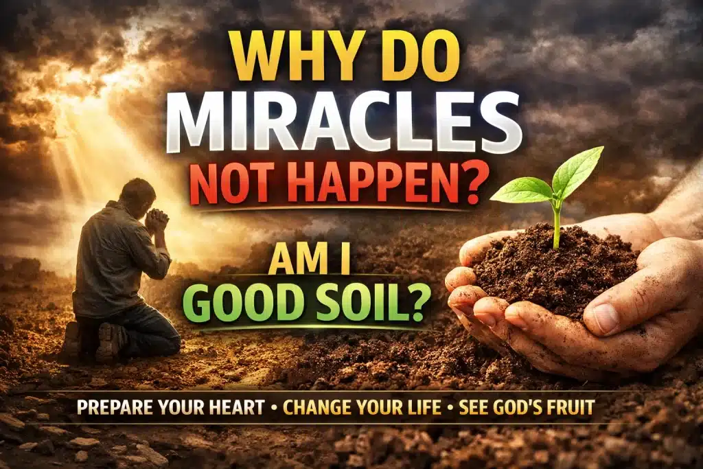 A small green plant sprouting from rich soil, explaining why do miracles not happen without a prepared heart.