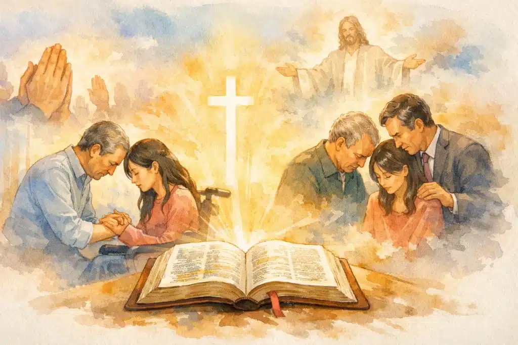 Prayer and faith in God's Word illustrated with an open Bible and believers praying