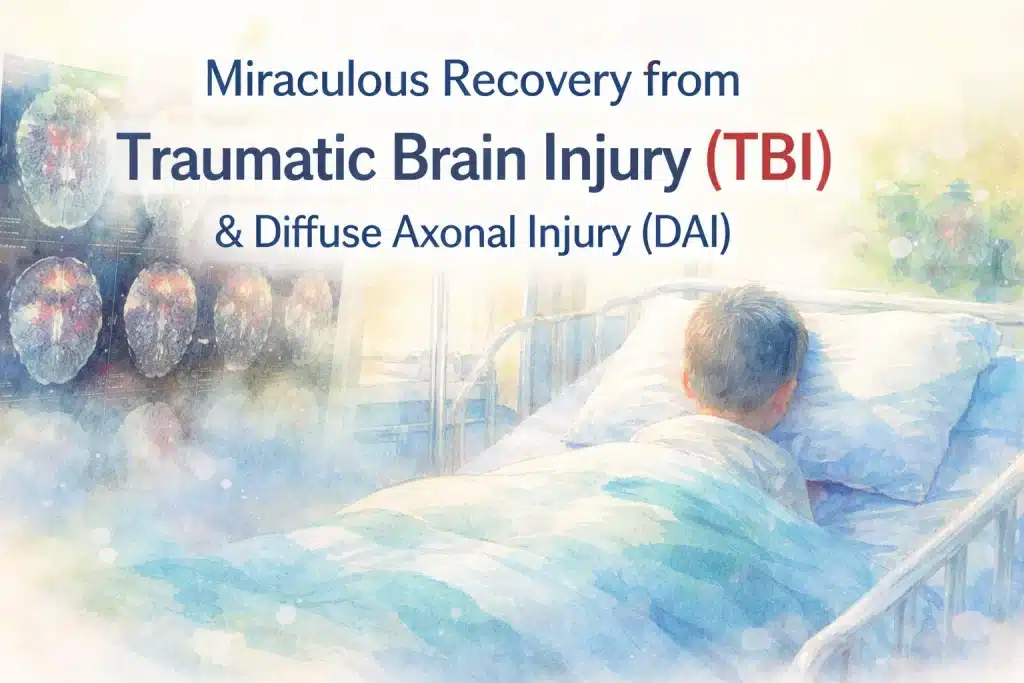 Child recovering from traumatic brain injury (TBI) and diffuse axonal injury (DAI) with MRI scan illustration in soft watercolor style