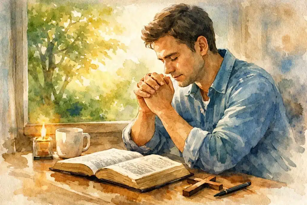 Man praying with Bible at table, showing relationship with God through sincere prayer