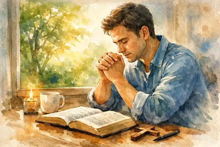 Man praying with Bible at table, showing relationship with God through sincere prayer