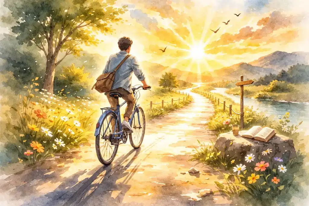 Watercolor illustration of a man riding a bicycle toward sunrise symbolizing faith and spiritual growth