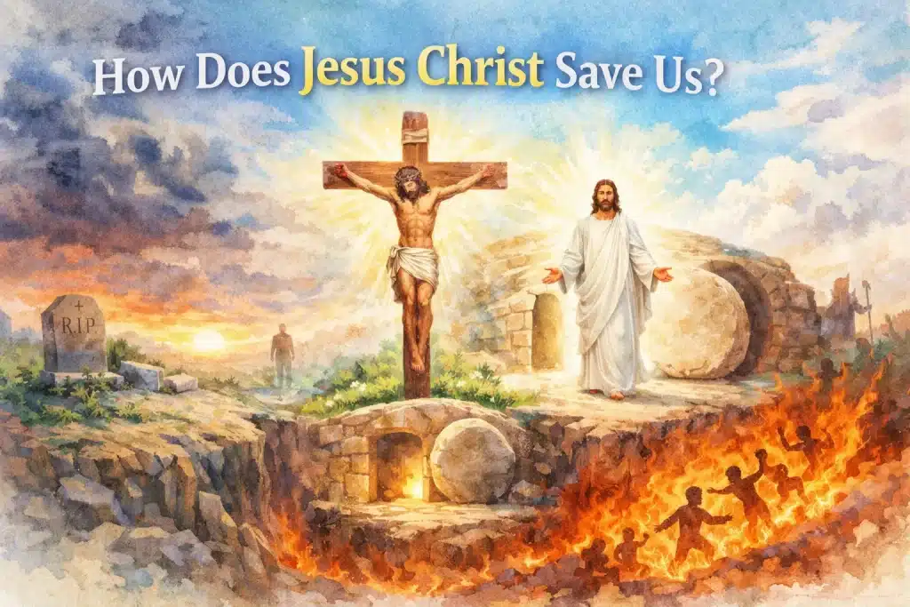 Watercolor illustration of Christian salvation showing the cross, empty tomb, and light overcoming darkness.