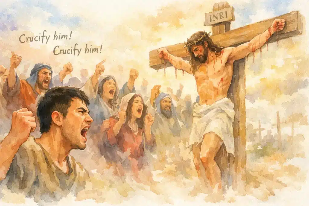 watercolor illustration of Jesus on the cross while a crowd shouts crucify him, representing changing human love and unchanging love of Christ