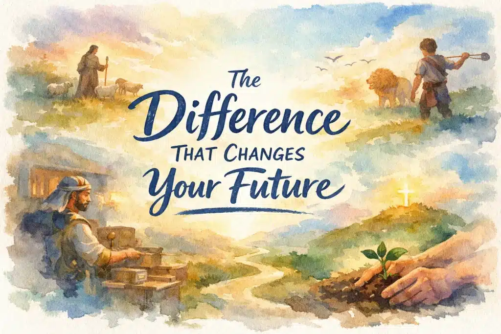 Watercolor illustration of biblical scenes showing faithfulness in small things leading to future blessing