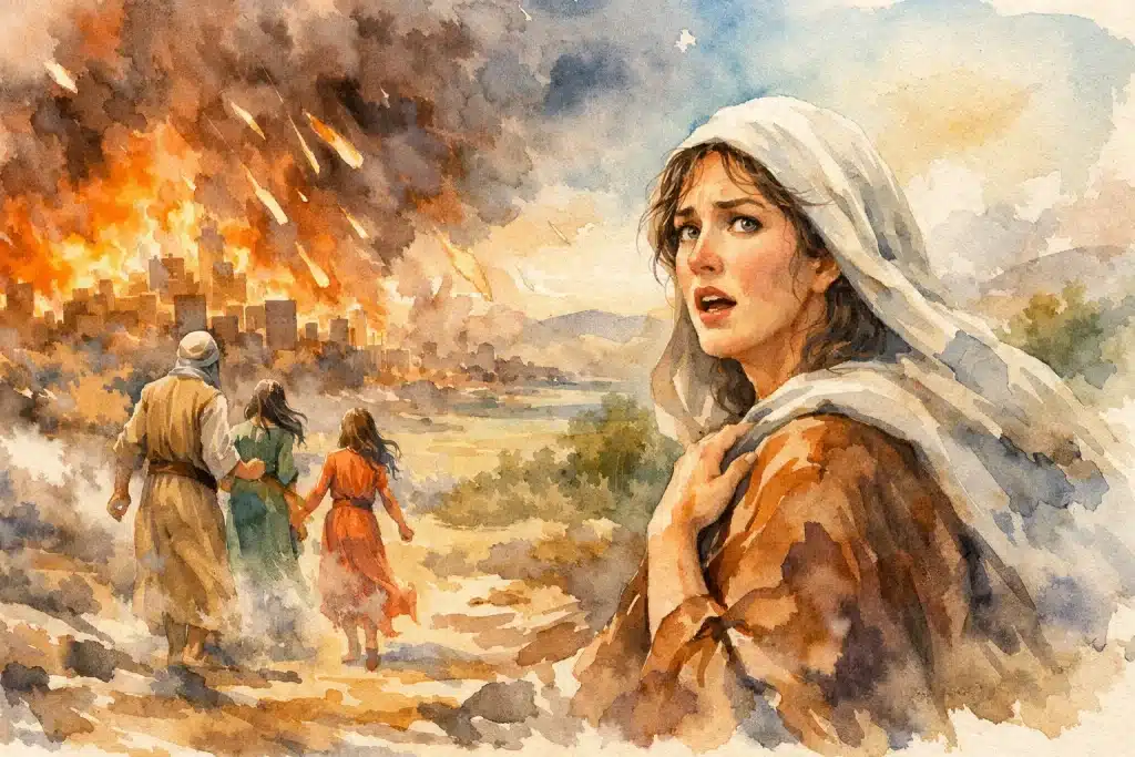 Lot’s wife looking back at Sodom as it burns, watercolor illustration symbolizing attachment to the world and spiritual warning