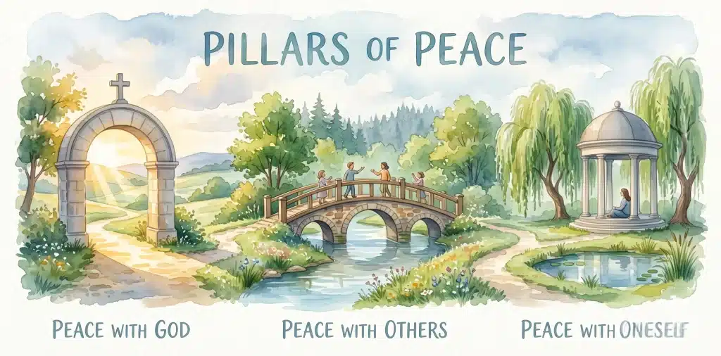 A beautiful Christian watercolor illustration depicting the Three Pillars of Peace: an arch with a cross for 'Peace with God', a bridge for 'Peace with Others', and a person praying over a Bible for 'Peace with Oneself