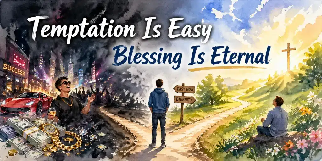 Watercolor illustration showing contrast between temptation and blessing, dark city vs bright path with cross, symbolizing eternal life