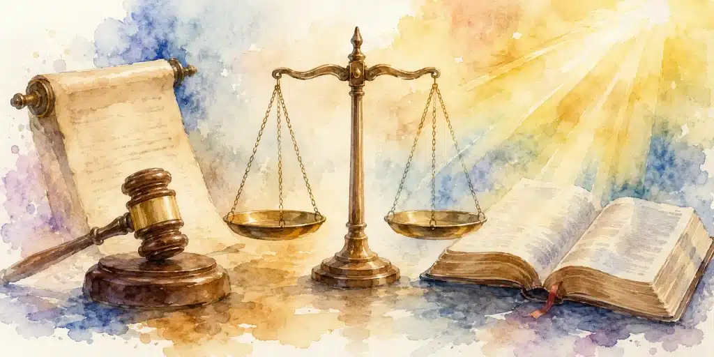 Watercolor illustration of a law scroll, judge’s gavel, balance scale, and open Bible representing God’s standard of good and evil.