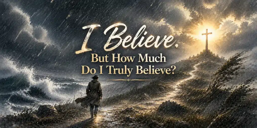 A believer walking through heavy rain and strong wind toward a glowing cross on a hill, symbolizing faith, perseverance, and trust in God’s promises during difficult times.