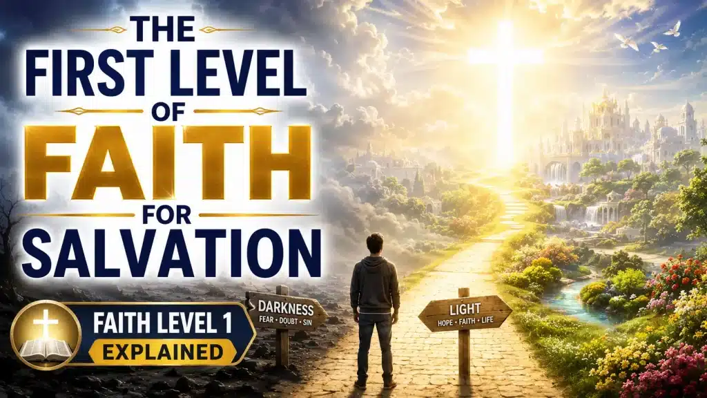 Background with soft heavenly clouds, glowing golden-white light, subtle rays from heaven, peaceful paradise atmosphere. Show a person standing at crossroads between darkness and bright heavenly light, symbolizing salvation and spiritual growth.