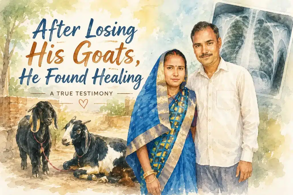 Watercolor illustration of Tirath Gautam and his wife with recovered goats after testimony of healing and repentance