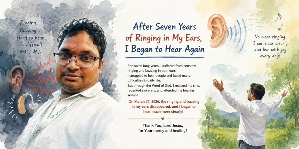 Watercolor illustration of an Indian man sharing a testimony about healing from ringing in the ears and hearing problems after seven years