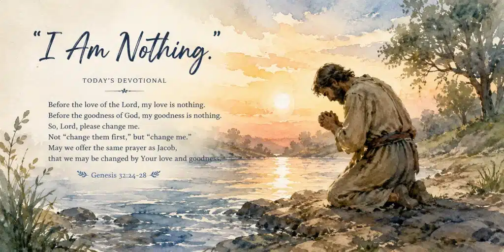 Jacob praying at the Jabbok River in a watercolor style, reflecting on God’s love and humility