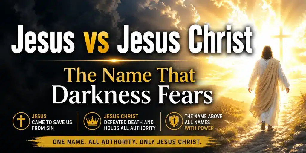 Jesus Christ walking toward a bright cross while darkness retreats, symbolizing the power and authority of Jesus Christ
