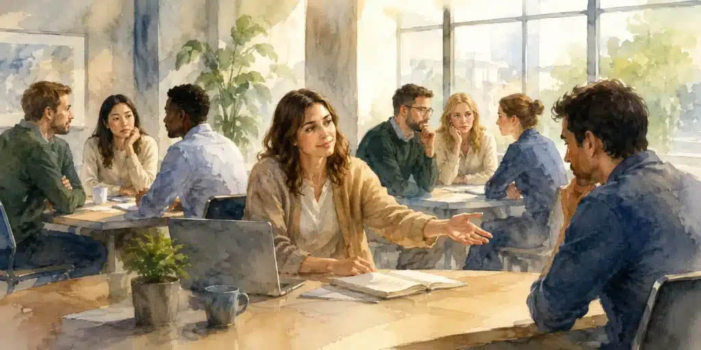 A watercolor office scene showing one person reaching out with kindness to someone who feels isolated, symbolizing Christian love toward those who oppose us.