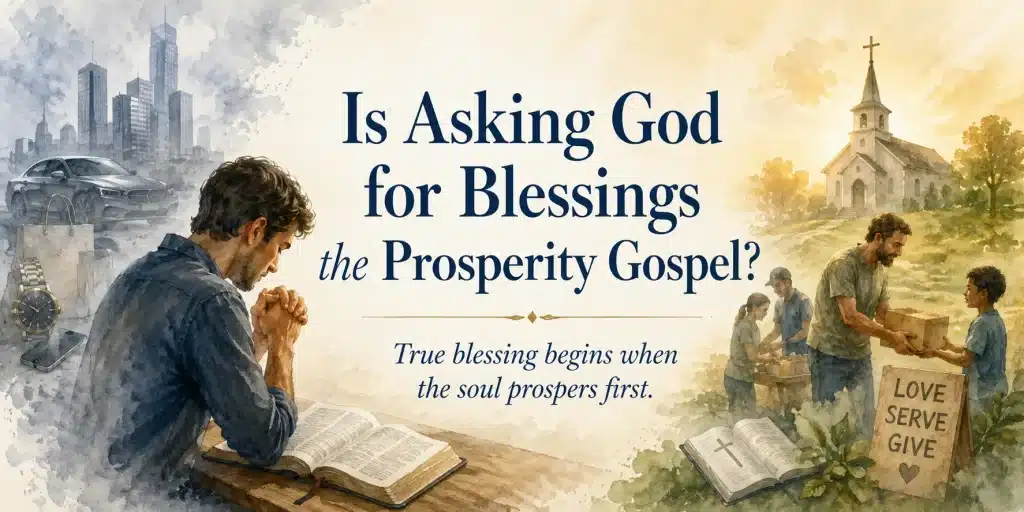 A Christian reflecting in prayer about asking God for blessings with a humble heart focused on God’s Kingdom.