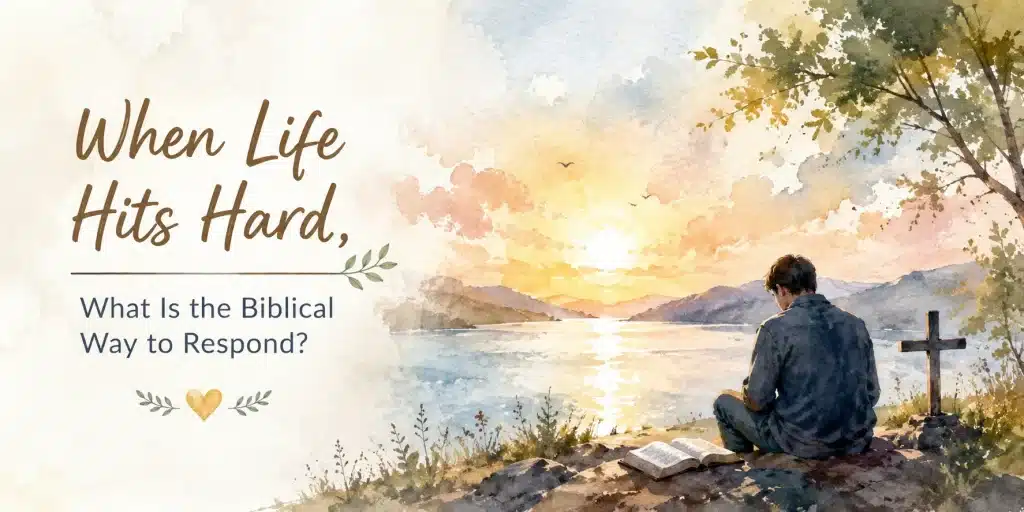 A watercolor illustration of a believer sitting by a peaceful lake with an open Bible and a cross, reflecting on how to respond biblically when life becomes difficult.
