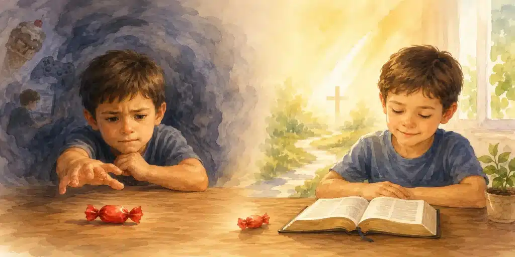 A child tempted by candy on one side and peacefully reading the Bible on the other side, showing the difference between outward obedience and a changed heart.
