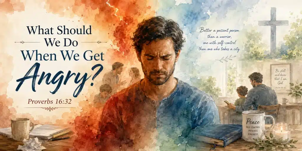 Watercolor illustration of a man struggling with anger and finding peace through God’s Word, based on Proverbs 16:32.