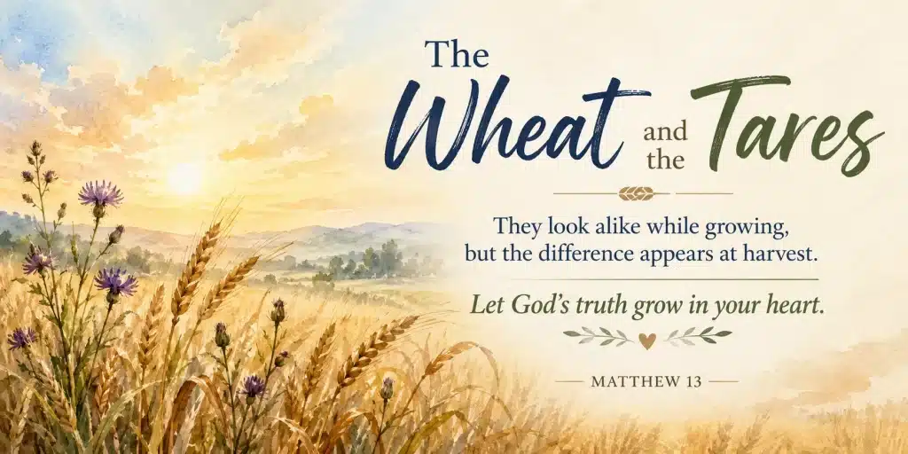 Watercolor illustration of green wheat and tares growing together on one side and mature wheat with visible tares at harvest on the other side, showing the parable of the wheat and the tares from Matthew 13