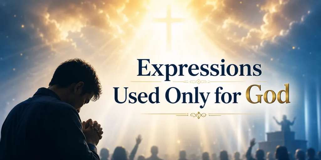 A Christian praying beneath a glowing cross, illustrating expressions used only for God in prayer and worship