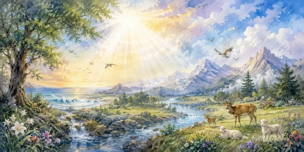 A watercolor landscape showing sunlight, mountains, rivers, trees, birds, deer, and lambs representing God’s beautiful creation.