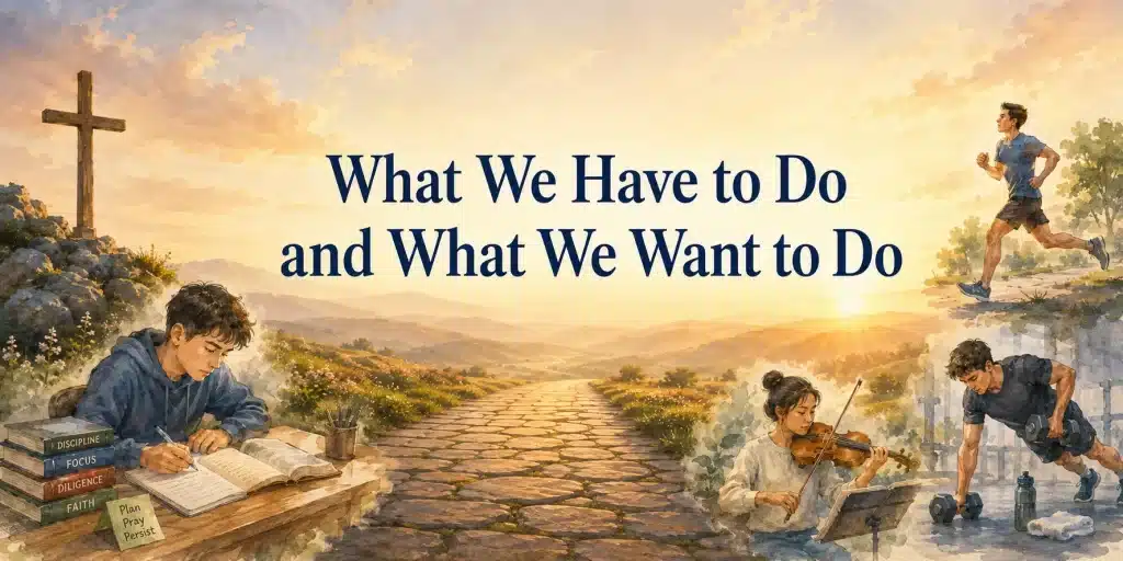 Young people studying, exercising, practicing music, and working diligently under the title What We Have to Do and What We Want to Do