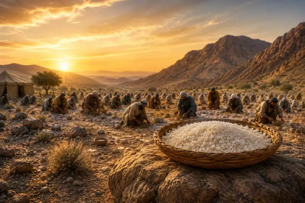 Manna falling in the wilderness as the Israelites forget God’s daily provision and lose their gratitud