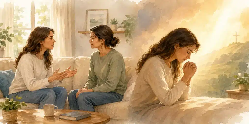 Two women calmly sharing their feelings while another woman prays to God for emotional healing