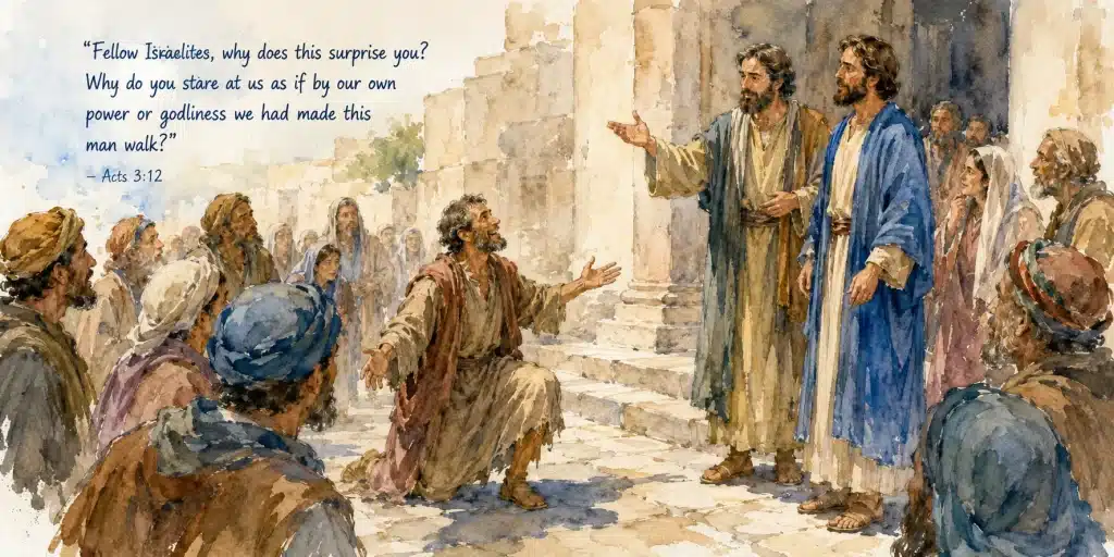 Peter points people to Jesus after the man lame from birth is healed in Acts 3