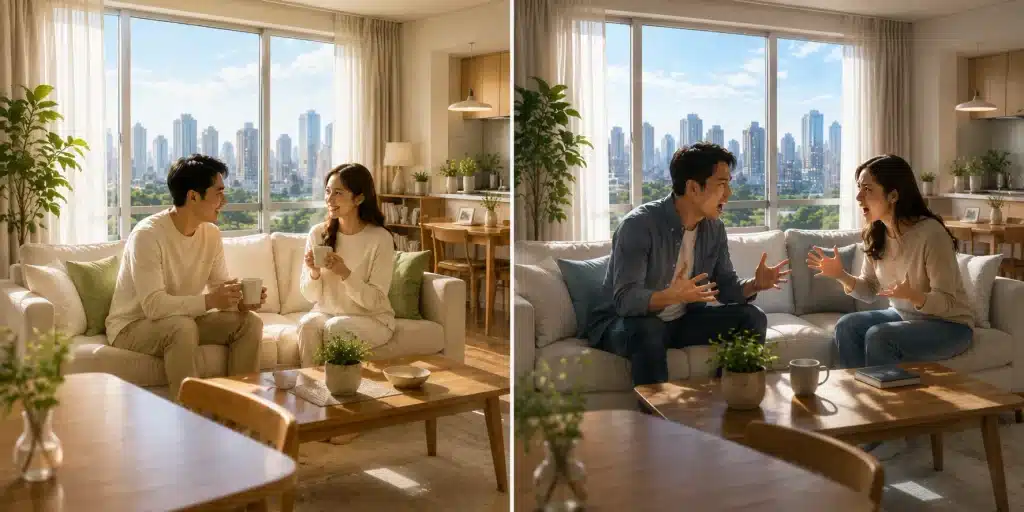 A peaceful couple and a couple in conflict in the same bright home, illustrating the importance of our spiritual environment